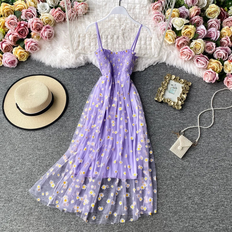 lovwvol   Summer Beach Mesh Floral Dress Women Vintage Elegant Sexy Beach Sundress Woman Party Night Korean Kawaii Vestidos