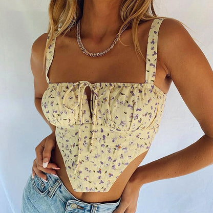 lovwvol NewAsia Floral Corset Women Sweet Print Hollow Up Tie Up Sexy Crop Top Summer Sleeveless Ruched Boning Bustier Casual Tank Top