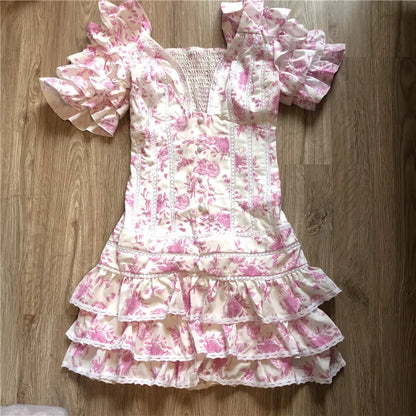 Summer and Autumn Women Short Sleeve Ruffle Pink V-neck Sexy Mini Dress