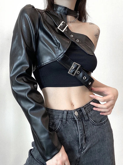 lovwvol   Gothic Jacket Harajuku Faux Leather PU T Shirt Halter One Shoulder Crop Top Autumn Fashion Tee Shirt Femme Streetwear