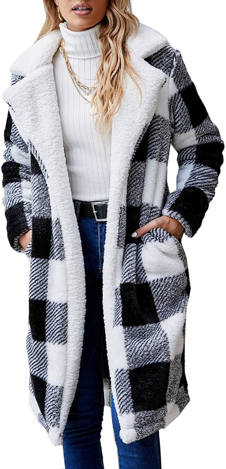 lovwvol Women's Fuzzy Fleece Lapel Open Front Long Cardigan Coat Faux Fur Warm Winter Outwear Jackets Jacket Women  Plus Size Fur Coat