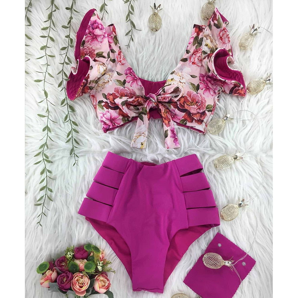 High Waist Bikini Ruffle Swimwear Women Print Sexy Swimsuit Push Up Bikinis Plus Size Bathing Suits Floral Beach Wear