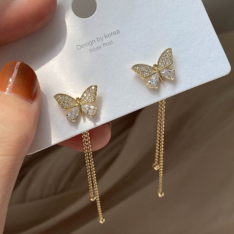 Women Long Tassel Earrings Korean Sweet Butterfly Rhinestone Earring Elegant Geometric Hanging Earring Jewelry New