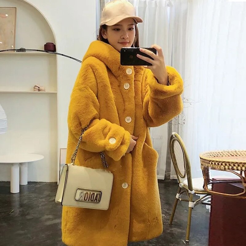 Winter Fashion Hooded Faux Fur Long Coat Solid Cute Warm Fluffy Jacket Casual Loose Oversize Coat Female Thick Outwears