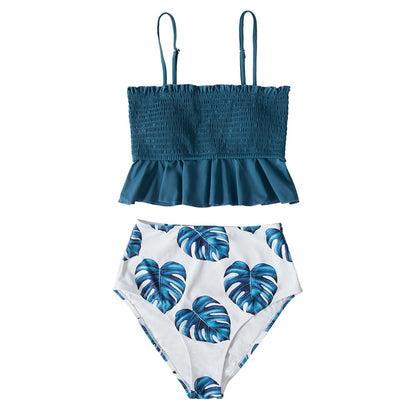 lovwvol Smocked Blue Leaves Print Bikini Sets Women Ruffle High-waist Tankini Two Pieces Swimsuits Girl Boho Bathing Suits