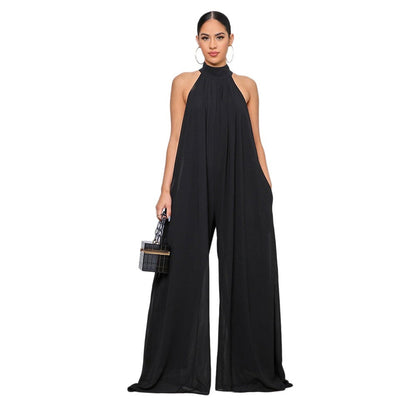 lovwvol Women  Sleeveless High Neck Fashion Sexy Solid Color Casual Chiffon Loose Temperament One-Piece Pants Jumpsuit