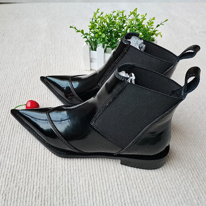 lovwvol Women Ankle Boots plus size 22-26.5cm Pointed Toe Women Motorcycle Boots Slip-on Cow patent leather Chelsea boots black shoes