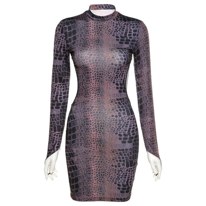 lovwvol Sexy Backless Serpentine Print Mini Bodycon Dress Women Fall Chic Package Hip Streetwear Female Casual Party Club Clothes