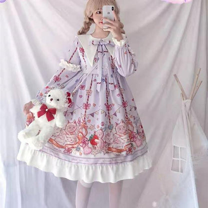 Alice In Wondeland Cute Women Lolita OP Dress Flouncing Lace Trim Japanese Harajuku Long Sleeves Doll Teen Dress Fairy Vestidos