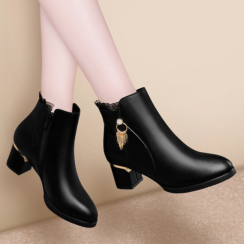 Women Genuine Sheepskin Leather Ankle Boots Casual Autumn Winter Thick High Heels New Chelsea Booties Shoes Korean Fashion M0124