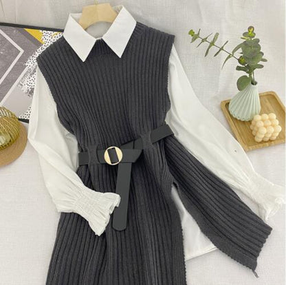 Korean Spring Autumn Women Knitted Pullovers Vest + White Blouse Casual Belt Suit Two Piece Set Conjuntos Mujer