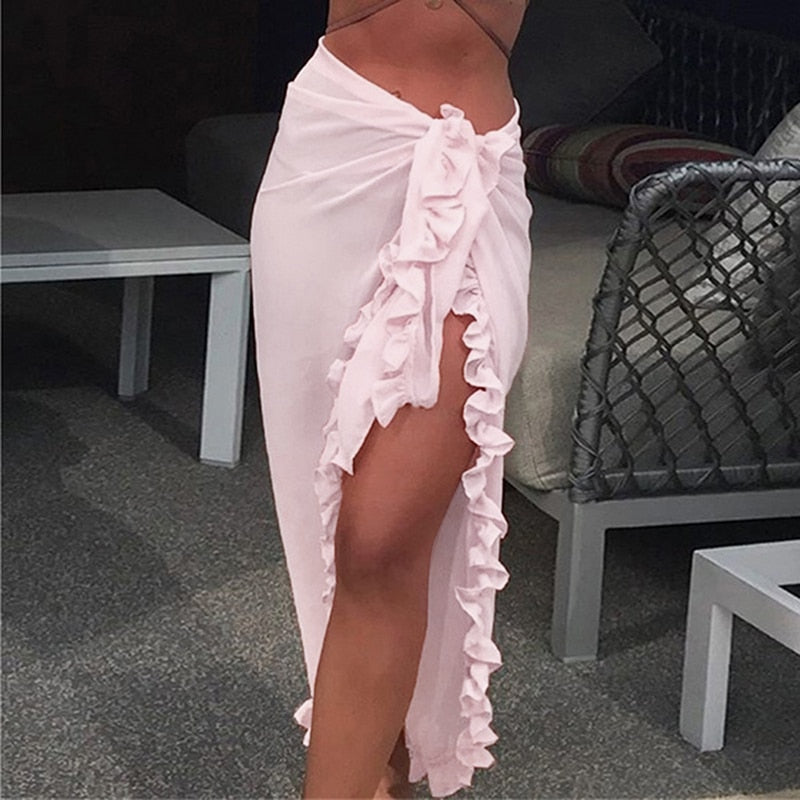 Women Chiffon See-Through Beach Bikini Cover Up Wrap Scarf Swimwear Pareo Sarong Dress Solid Ruffle Casual Beach Dress