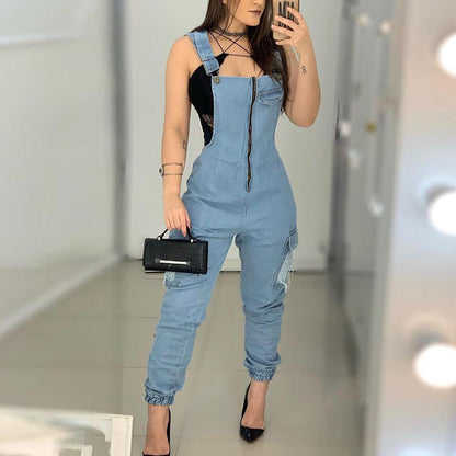 Sexy Zipper Denim Jumpsuit  Women Slim Straps Jumpsuit Bodysuit With Pockets Jumpsuit Straps Trousers Jumpsuit