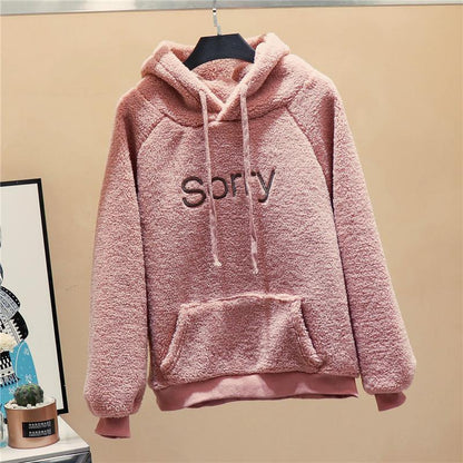 New Autumn Winter Thick Warm Coat Velvet Cashmere Women Hoody Sweatshirt Solid Blue Pullover Casual Tops Lady Loose Long Sleeve