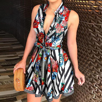 lovwvol Sexy Women Deep V-neck Shirt Dress Summer Sleeveless Chain Print Mid-calf Dresses Laides Lace Up Party Dresses Clubwear