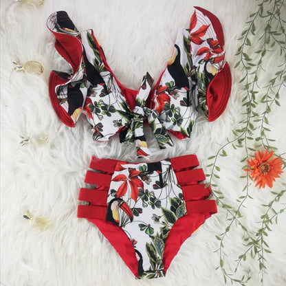 New Bikini Floral Ruffled Bikini Set Women V-neck High Waist Two Piece Swimsuit Girl Beach Bathing Suit Swimwear Biquinis