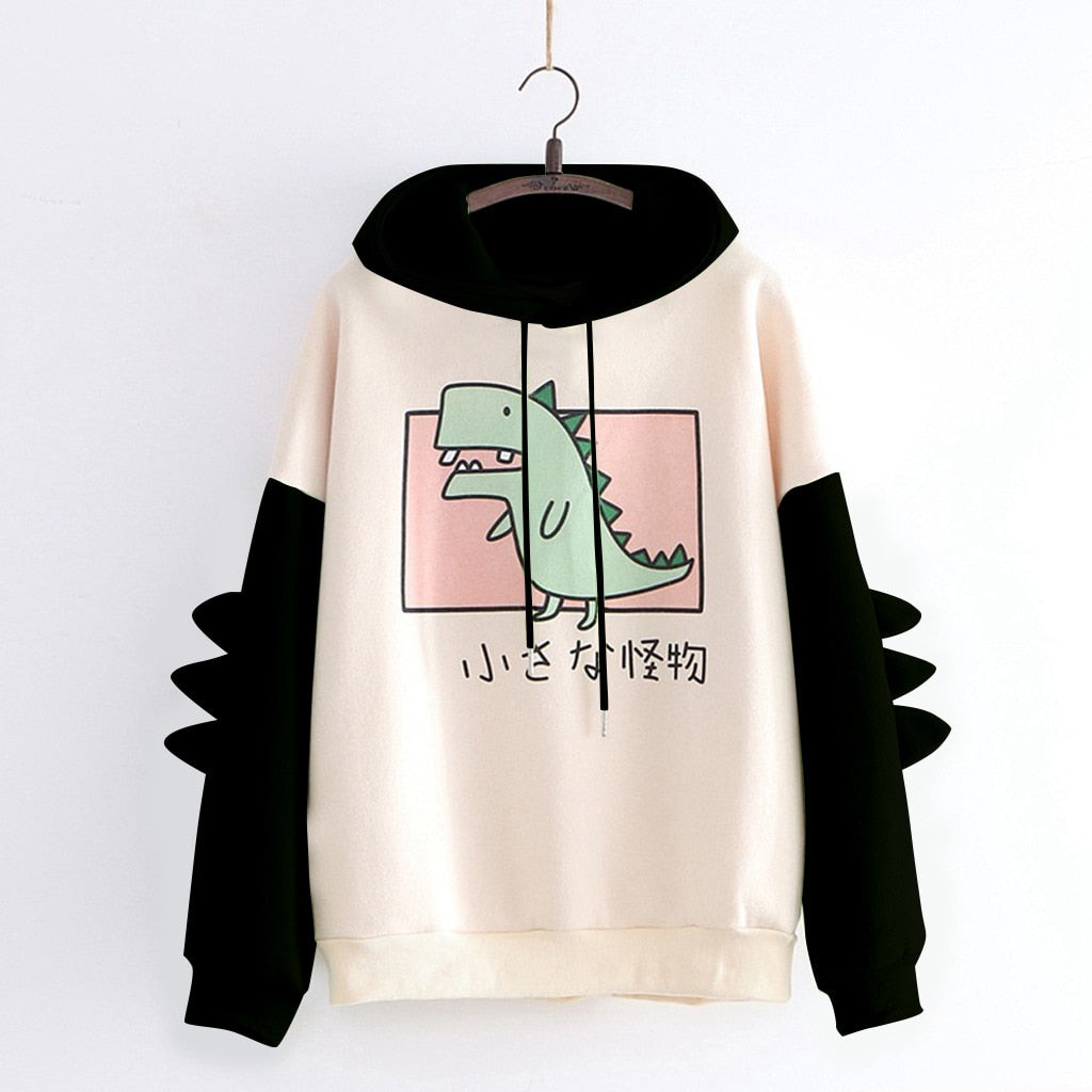 Winter dino hoodie Tops Dinosaur Oversized Cartoon Hoodie Women Fashion Sweatshirt Casual Print Korean Style Thicken Sweatshirt