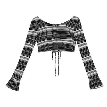 lovwvol  -  Grunge Tie Dye Crop Tops 2-piece Women Casual Y2k Vintage T-shirt E Girl Streetwear Long Sleeve Lace Up Tee Shirts