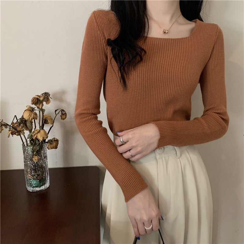 lovwvol Early Autumn Blouse Women's Style Square Neck Long Sleeve Sweater Slim Fit with Bottomed Sweater Korean Foreign Temperament Rac