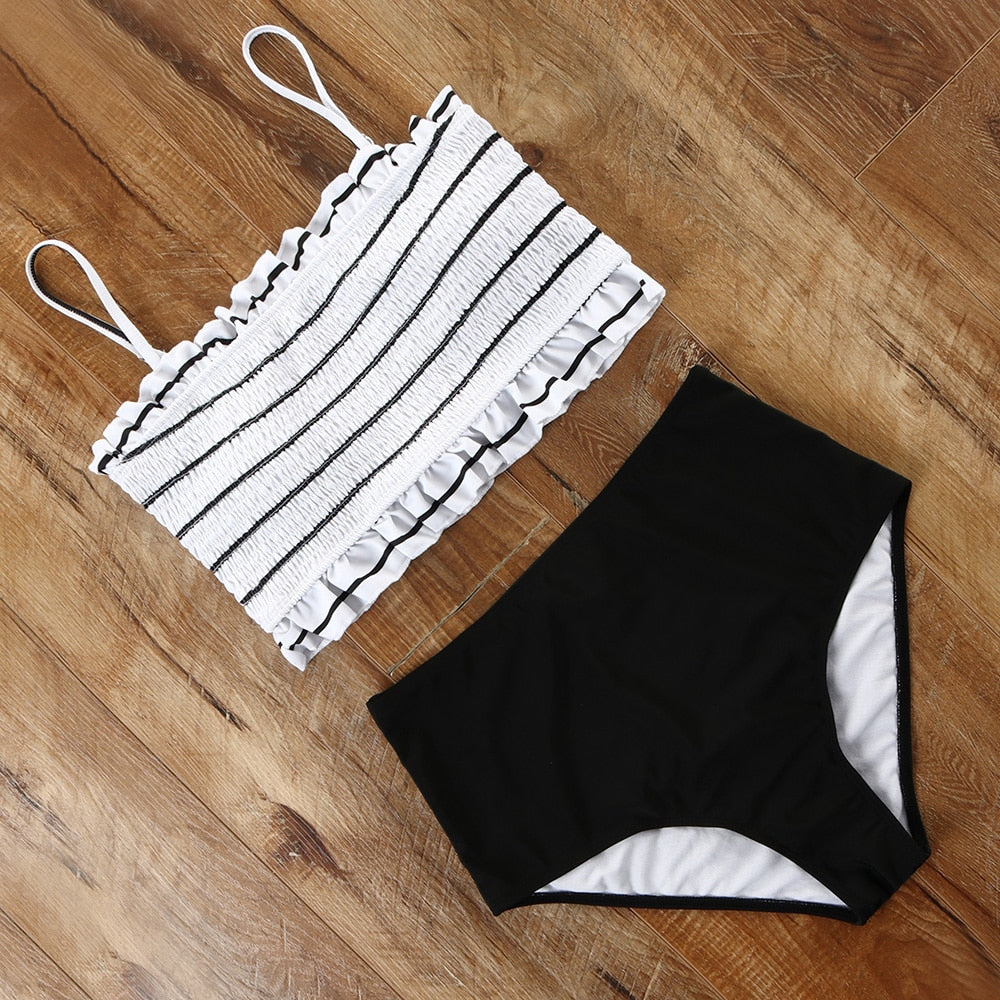 Solid Swimsuit Swimwear Women Sexy Bandeau Bikini Plus Size Tankini High Cut Bathing Suit High Waist Biquini Hot Bikini Set