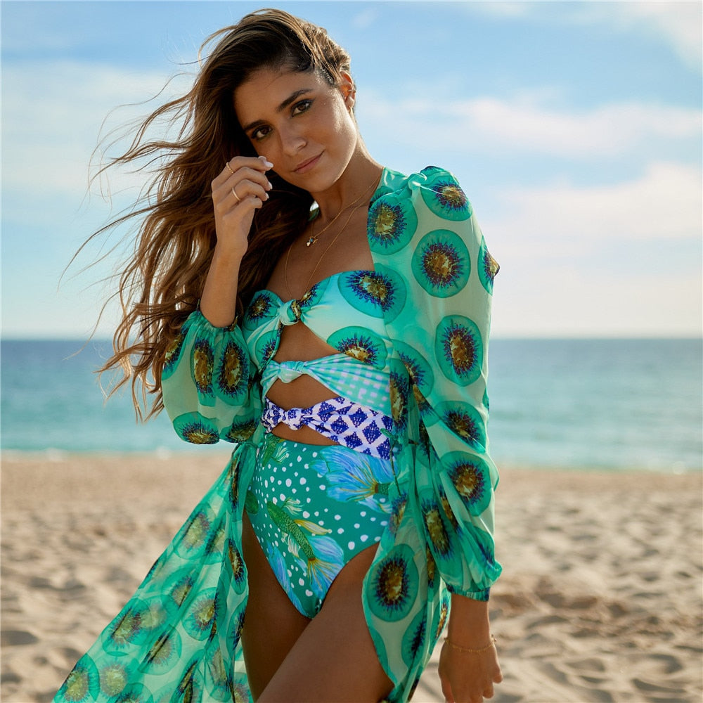 Leaves Print Swimsuit Beach Cover Up Tunics for Beach Long Kaftan Bikini Cover Up Robe De Plage Sarong Beach Swimsuit Cover-Ups