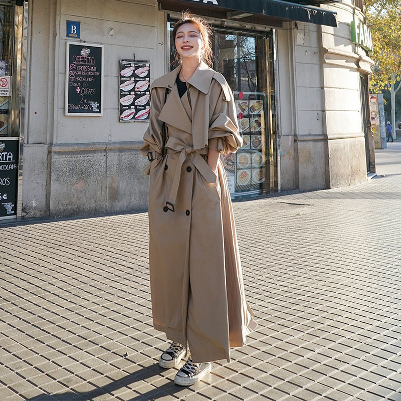 Korean Style Loose Oversized X-Long Women's Trench Coat Double-Breasted Belted Lady Cloak Windbreaker Spring Fall Outerwear Grey