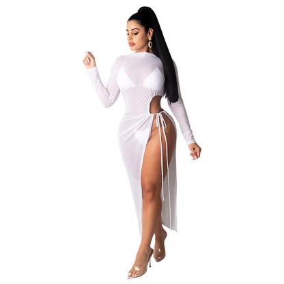 Summer Cover ups Women Female Solid color See-through Mesh Swimsuits Beach Swimwear Bathing Split Bandage Bikini Dress Cover up