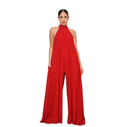 lovwvol Women  Sleeveless High Neck Fashion Sexy Solid Color Casual Chiffon Loose Temperament One-Piece Pants Jumpsuit