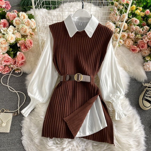 Korean Spring Autumn Women Knitted Pullovers Vest + White Blouse Casual Belt Suit Two Piece Set Conjuntos Mujer