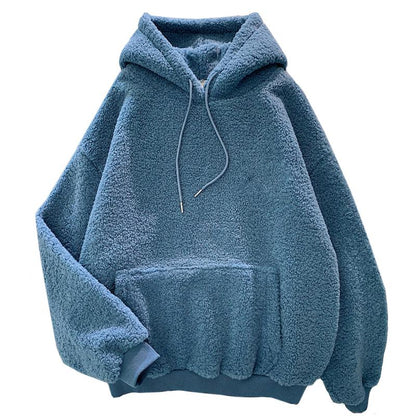 New Autumn Winter Thick Warm Coat Velvet Cashmere Women Hoody Sweatshirt Solid Blue Pullover Casual Tops Lady Loose Long Sleeve