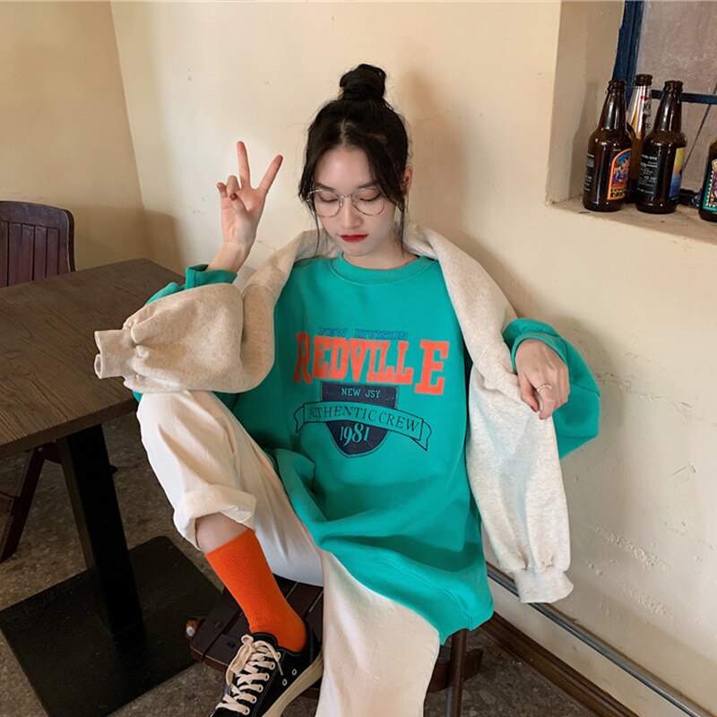 Autumn Women Fleece Letter Printed Pullover Sweatshirt Long Sleeve Casual Sports Lady Oversized Hoodie Korean Fashion