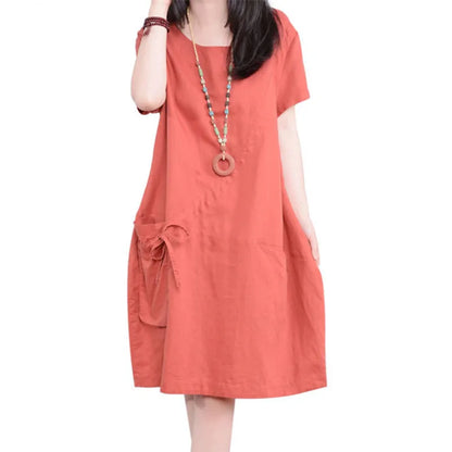 lovwvol  2024 New Arrival Short Sleeve Loose Summer Dress Cotton Linen Pockets bandage Holiday Beach Casual Dress  Women Vintage Dress