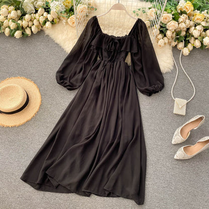 Chic Elegant Square Collar Maxi Dress Women Solid Chiffon Puff Sleeve Dresses Korean Fashion Vintage Ruffle Vestidos