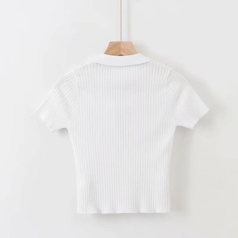 Crop Top Female Polo Shirts Summer Short Sleeve T-shirt Women's Vintage Clothes Ribbed Solid Slim Knit Top Cropped Tees