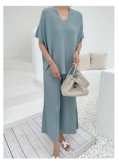 lovwvol Summer Korean Fashion Casual Knitted Two Piece Set Women Loose Pullover Sweater Tops + Wide Leg Pants Suits Knitwear 2 Piece Set