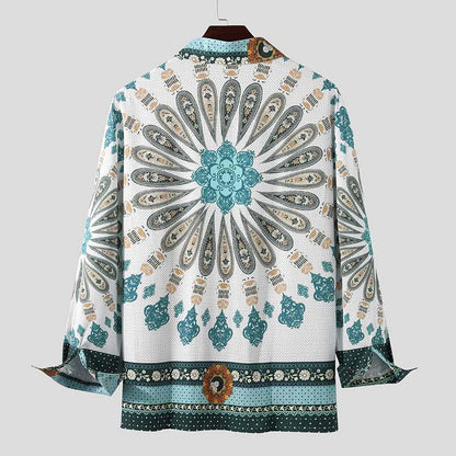 lovwvol Men Printing Shirt Long Sleeve Turn Down Collar Streetwear Ethnic Style Tops Button Casual Tideway Camisa Masculina