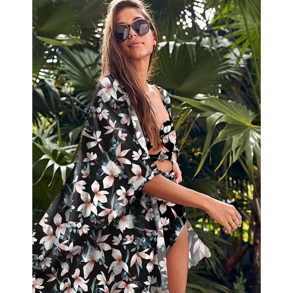 Leaves Print Bikini Beach Cover up Tunics for Beach Long Kaftan Bikini Cover up Robe de Plage Sarong Beach Swimsuit cover-ups