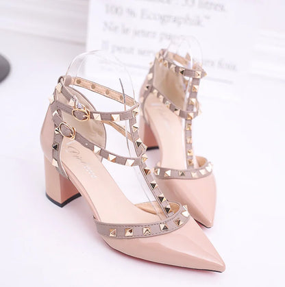 Rivet Pumps Women  New pointed patent leather rivet buckle sandals thick with heel wild thin women's shoes Party Shoes