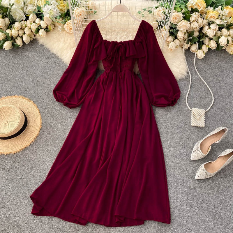 Chic Elegant Square Collar Maxi Dress Women Solid Chiffon Puff Sleeve Dresses Korean Fashion Vintage Ruffle Vestidos