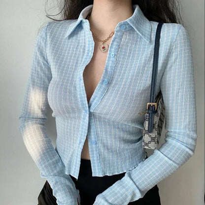 lovwvol Vintage Plaid Shirt women shirt Spring New Extra Long Sleeves Short Slim Single Breasted Green Fashion Casual Female Tops