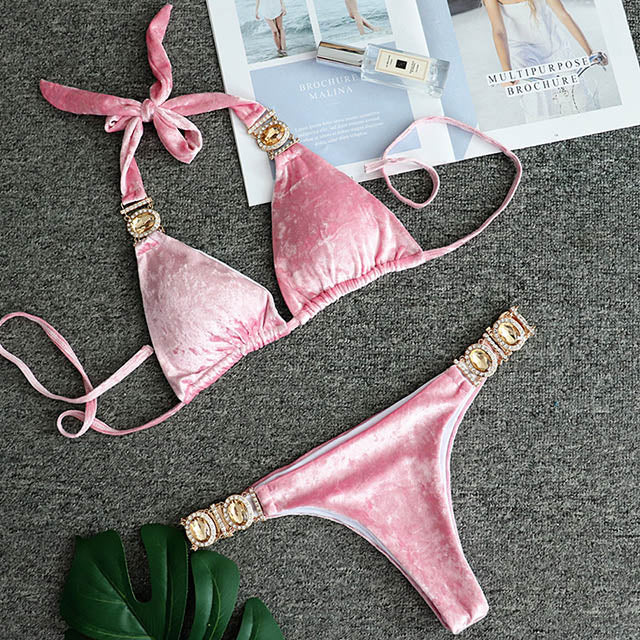 New Sexy Purple Halter Crystal Diamond Bikini Female Swimsuit Women Swimwear Rhinestone Bikini set Brazilian Bathing Suit