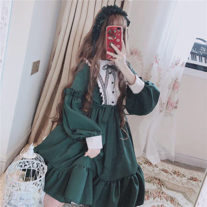 Alice In Wondeland Cute Women Lolita OP Dress Flouncing Lace Trim Japanese Harajuku Long Sleeves Doll Teen Dress Fairy Vestidos