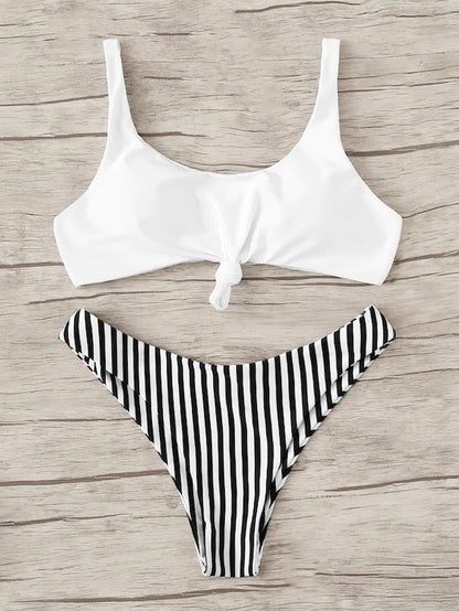 Sexy micro Bikini Women Swimsuit Scoop Neck Striped Swimwear Knot Bow fringe Summer Beachwear Bathing Suit Push Up Biquini