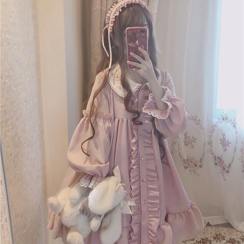 Alice In Wondeland Cute Women Lolita OP Dress Flouncing Lace Trim Japanese Harajuku Long Sleeves Doll Teen Dress Fairy Vestidos