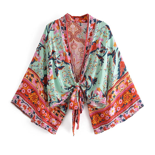 Boho Vintage  Floral Print Sashes short  Kimono Women New Fashion V Neck batwing Sleeves Ladies Blouses Casual Blusas