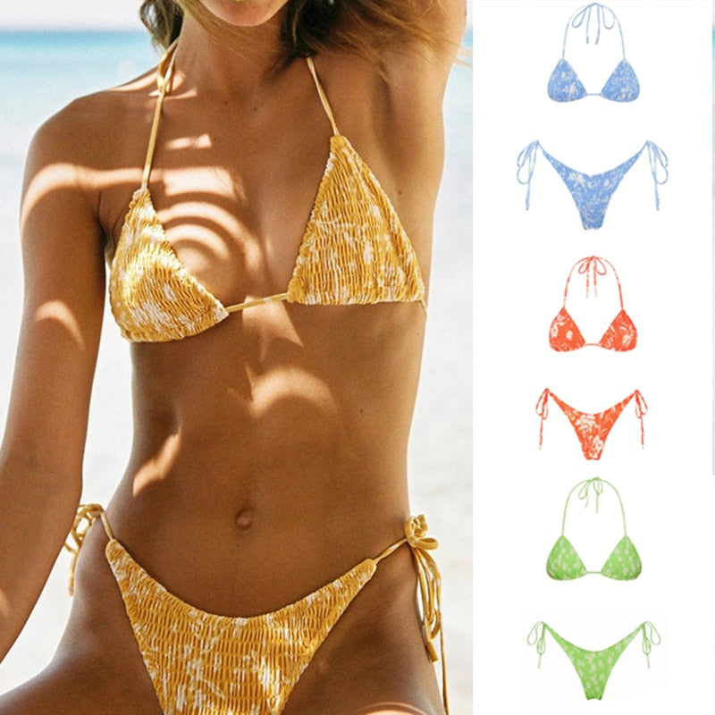 Sexy Triangle Push Up Bikini Set Brazilian String Thong Swimwear Ruched Bandage Bikinis Women Two Piece Swimsuit Micro Biquini