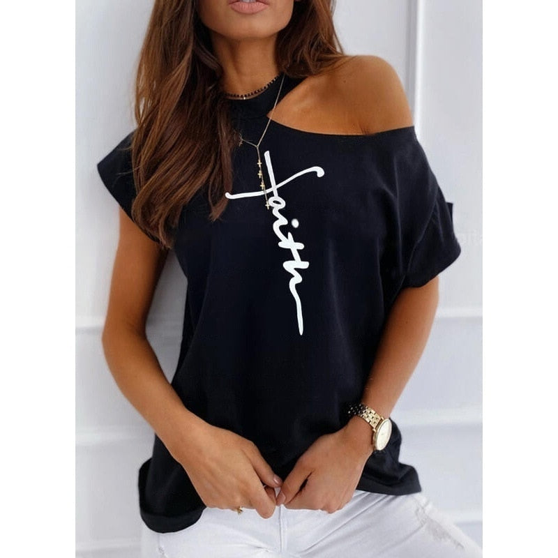 Large size Top Sexy Off Shoulder summer Tshirt Women Print Casual Summer Short Sleeve O-neck Pullovers Tops Fashion Street Tee