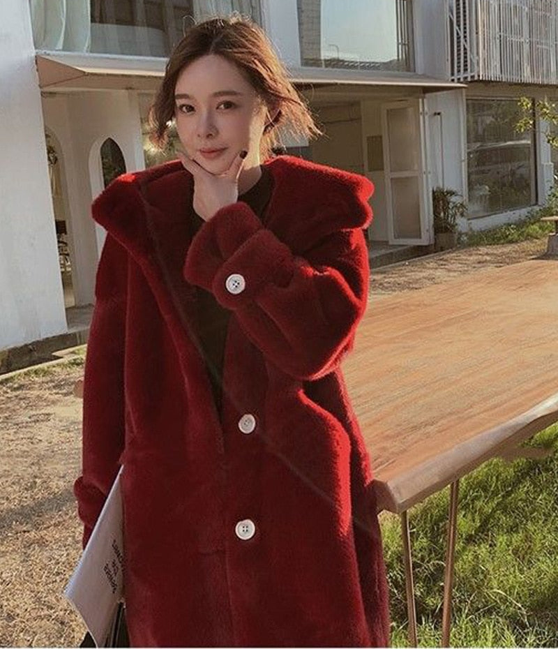 Winter Fashion Hooded Faux Fur Long Coat Solid Cute Warm Fluffy Jacket Casual Loose Oversize Coat Female Thick Outwears