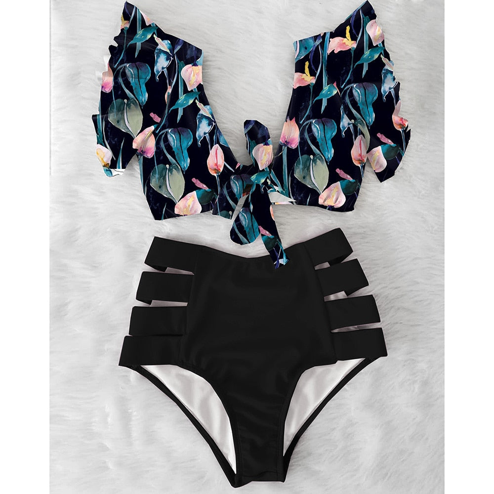 High Waist Bikini Ruffle Swimwear Women Print Sexy Swimsuit Push Up Bikinis Plus Size Bathing Suits Floral Beach Wear