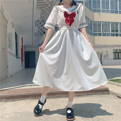 lovwvol Harajuku Sailor Collar Navy Dress Japanese Lolita Sweet Bow-knot Girl Retro Cotton Kawaii Preppy Style Short Sleeve Dress Women